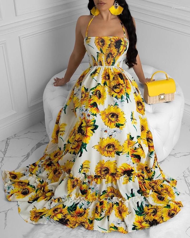 

Casual Dresses Open Back Print Bandage Maxi Dress Women Long Loose Spring Summer Sexy High Waist Floral Flower Full Length Backless, Yellow