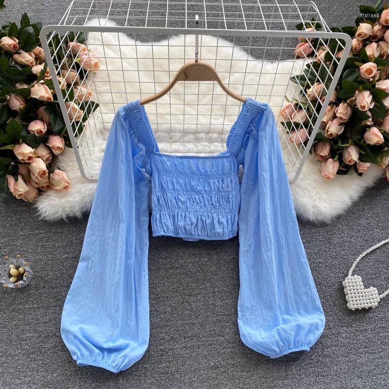 

Women's Blouses Age-reducing Puff Sleeve Top Women's Summer Dress 2023 Slim Short Cropped Umbilical All-match Sunscreen Small Shirt, Blue