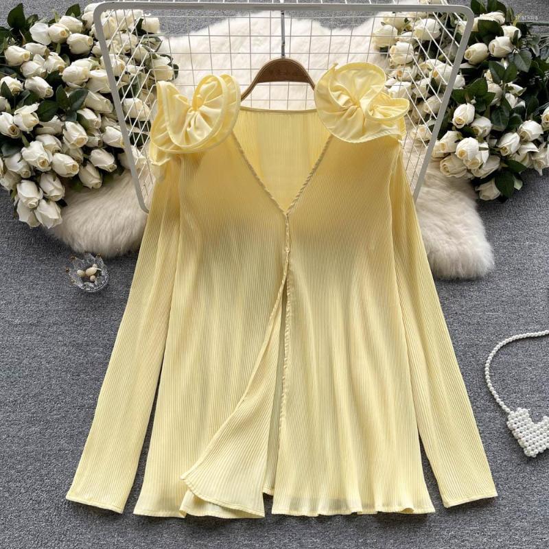 

Women's Blouses Spring Premium Korean 3D Flower Shirt Women's V-neck Long Sleeve Ruffled Satin Tops Solid Color Casual Blouse Mujer J762, Purple