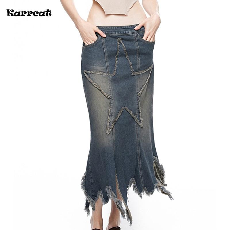 

Dresses Karrcat Punk Style Denim Skirt Y2k Aesthetics Irregular Jeans Skirt Harajuku Gothic Maxi Skirt Vintage Grunge Distressed Skirt