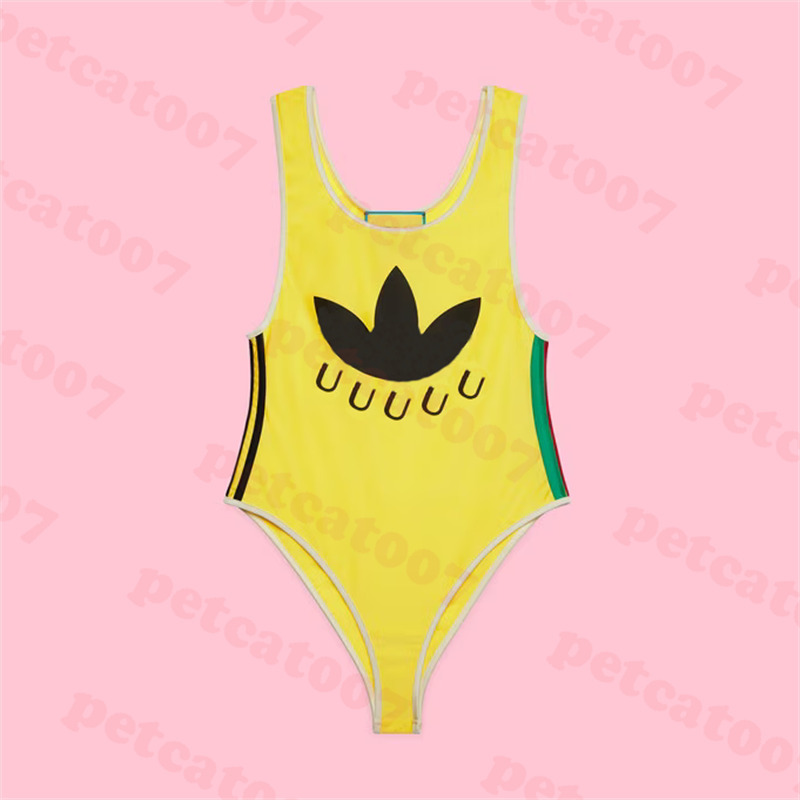 

Womens Yellow Swimwear Designer Logo Bikini Stripe One Piece Swimsuit Ladies Summer Sports Bathing Suit