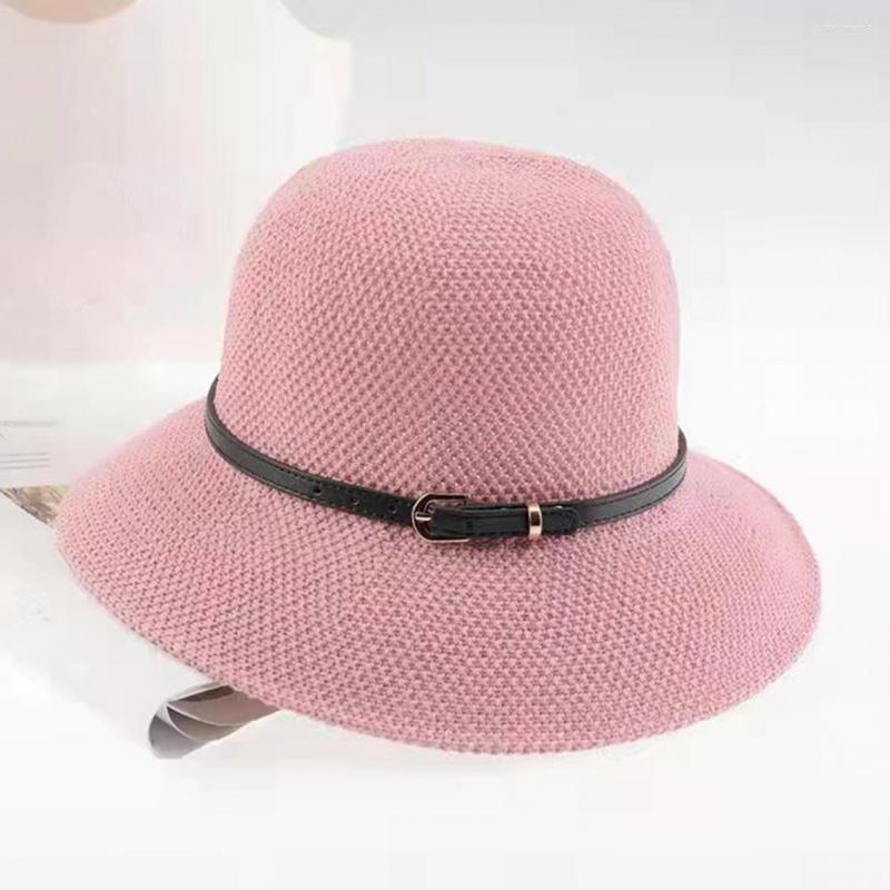 

Wide Brim Hats Faux Leather Buckle Useful Lady Summer Beach Party Knitting Bucket Hat 5 Colors Women Sunhat Fashion Girls Accessories, Black