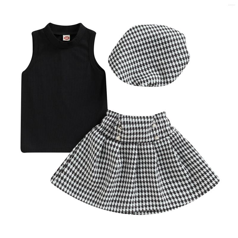 

Clothing Sets Kids Girls Skirt Set Sleeveless Crew Neck Vest Houndstooth A-line Hat Summer Outfit, Picture shown