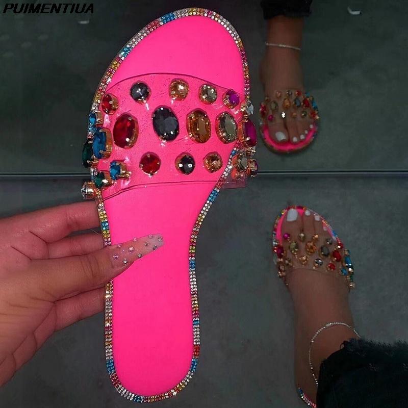 

Slippers Bling Crystal Woman Ladies Fashion Slides Women Casual Outdoor Flats Female Beach Shoes Women's Sandals Plus Size 42, Black
