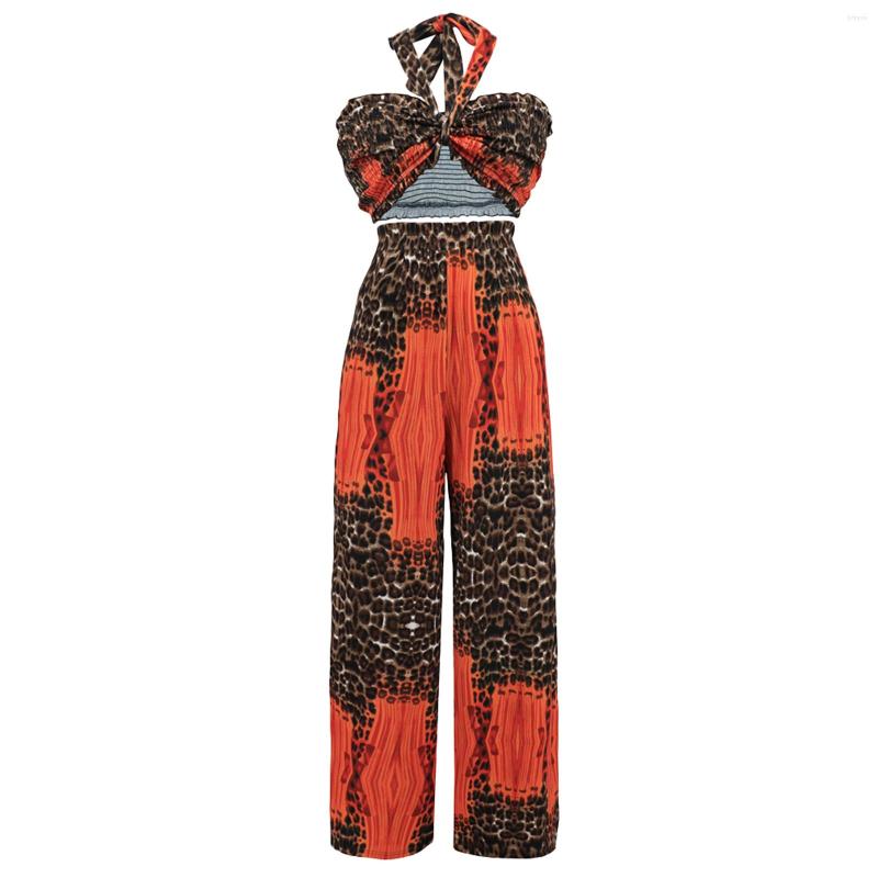 

Women's Two Piece Pants Women Trouser Set Summer Noble Luxury Outfits Leopard Patchwork Sleeveless Off-shoulder Tops And Loose Beach Wide, Orange