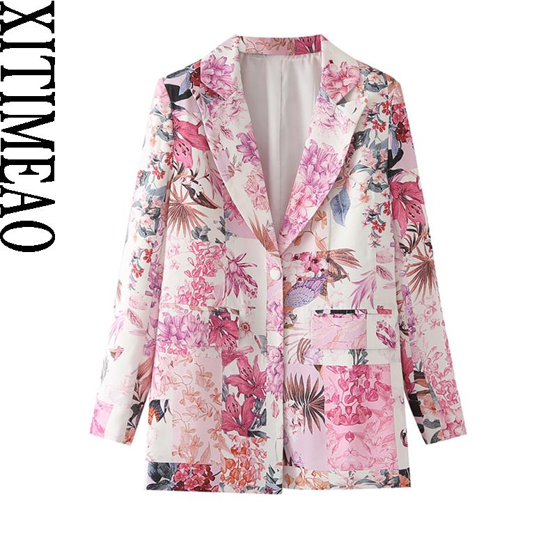 

Pants Xitimeao Women Fashion Front Buttons Totem Print Blazer Coat Vintage Long Sleeve Flap Pockets Female Outerwear Chic Suit Femme, Pink