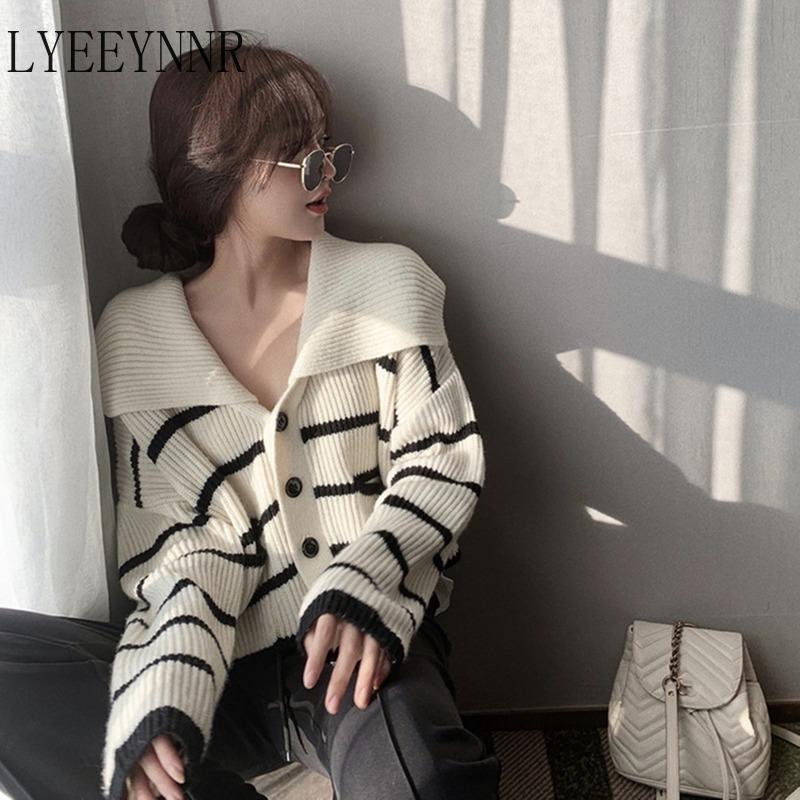 

Sweaters LYEEYNNR TURN DOWN COLLAR STRIPED CARDIGAN WOMEN CONTRAST COLOR SINGLE BREASTED LONG SLEEVE KNIT TOPS KOREAN FASHION SWEATER, White