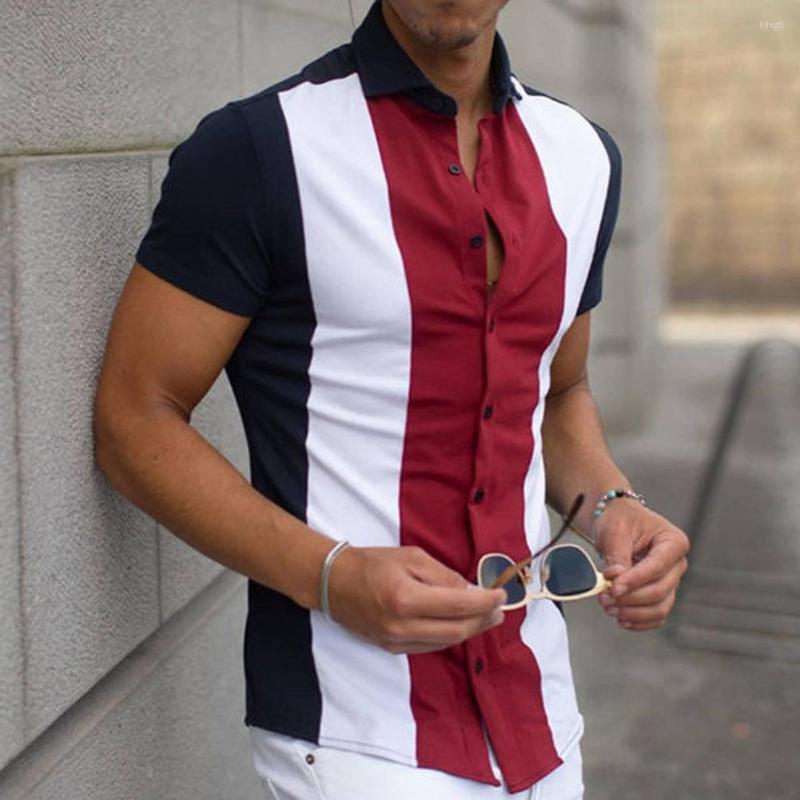 

Men's Casual Shirts Men Shirt Handsome Stripe Print Contrast Color Turn-Down Collar Single-Breasted Summer Tops Male Clothes Hawaiian Beach, Black
