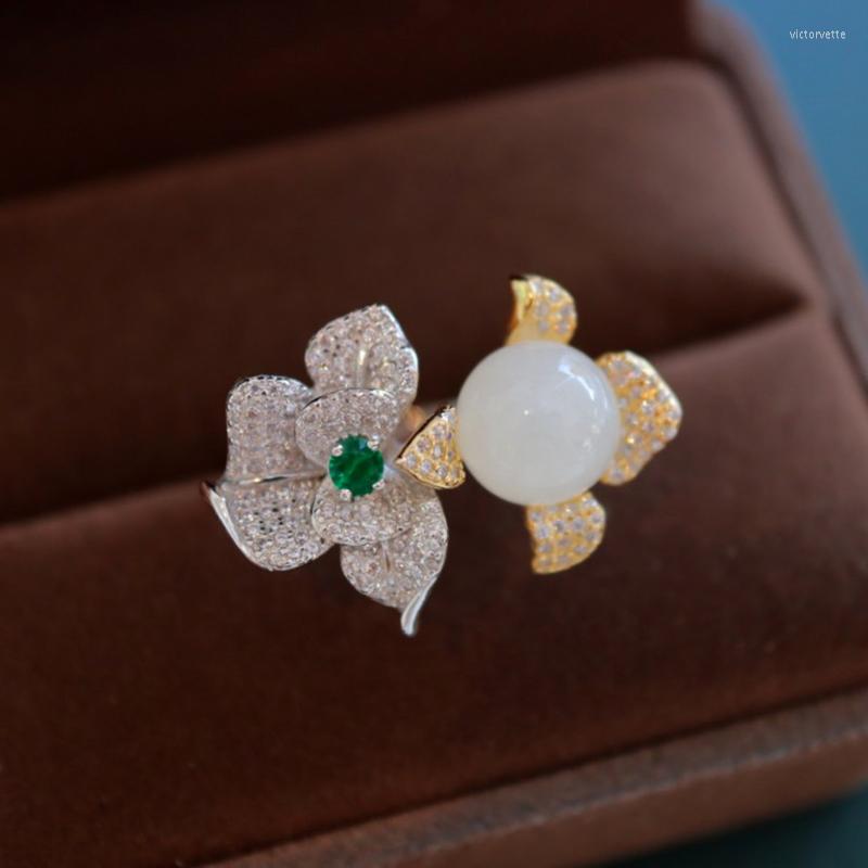 

Cluster Rings MIQIAO S925 Sterling Silver Natural Stone An White Jade Eternal Flower Ring Women's Fashion Adjustable Beautiful