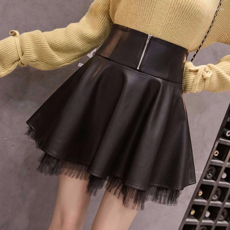 

Skirts Rimocy Black Pu Leather Women Mini Skirt 2023 Mesh Patchwork High Waist Pleated Woman Streetwear Zipper A Line