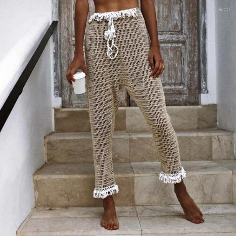 

Women' Swimwear Sexy Beach Bikini Cover Up Pants Elastic Waist Handmade Crochet Shell Knit Mesh Vacation Women, Khaki