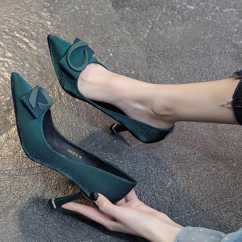 

Dress Shoes Green Party High Heels For Women 2023 Spring Quality Pointed Toe Satin Stiletto Mid-Heel Net Tide, Black