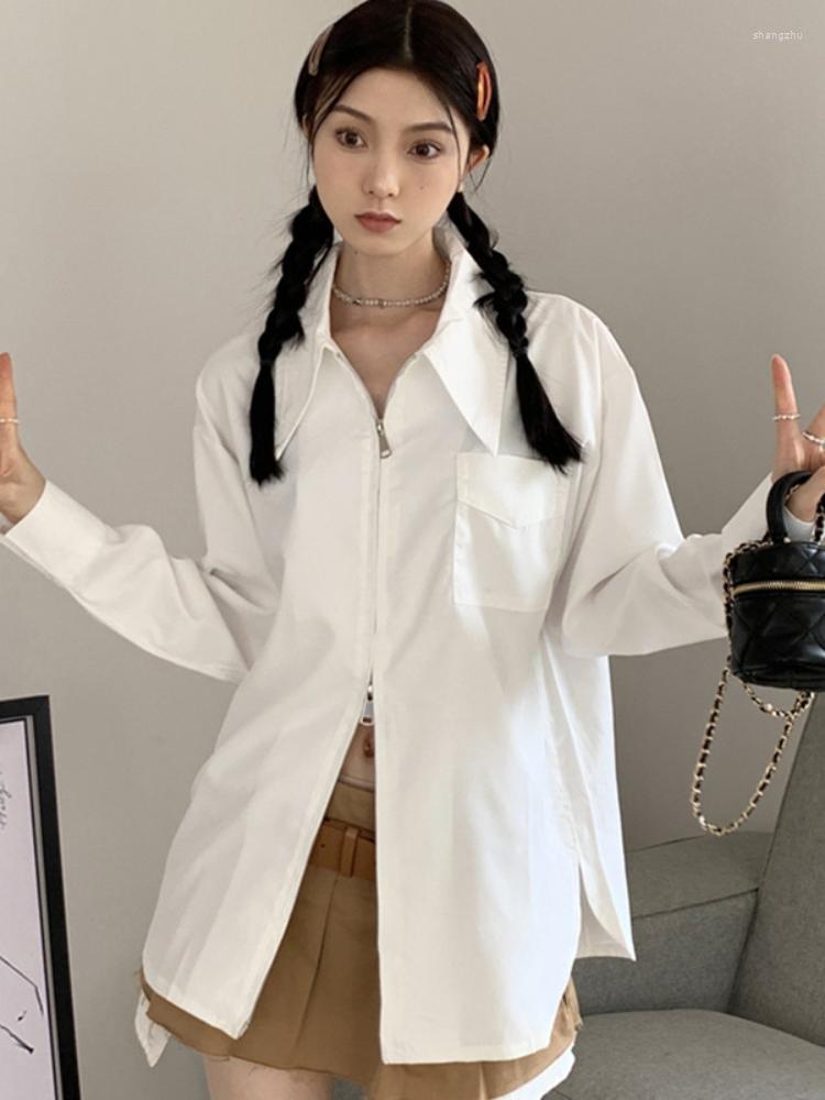 

Women' Blouses Double Zipper Elegant Blouse Women Korean Fashion Y2k Aesthetic Long Seeve Shirt Haut Femme Harajuku Solid Blusas Cute, White