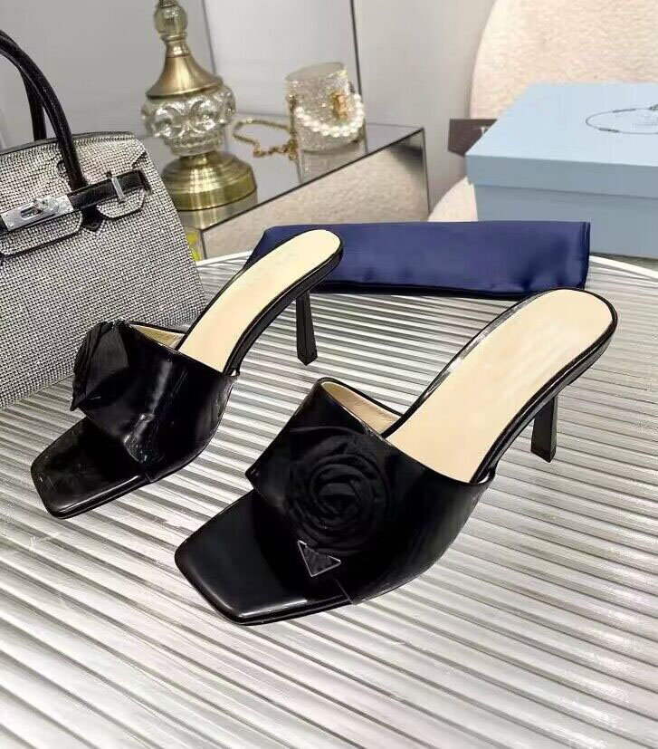 

Summer Luxury Ciabatte Rose Sandals Shoes Women Enameled Triangle Logo Mules Square Toe Slide Kitten-Heel Beach Slippers Comfort Walking EU35-43, 10