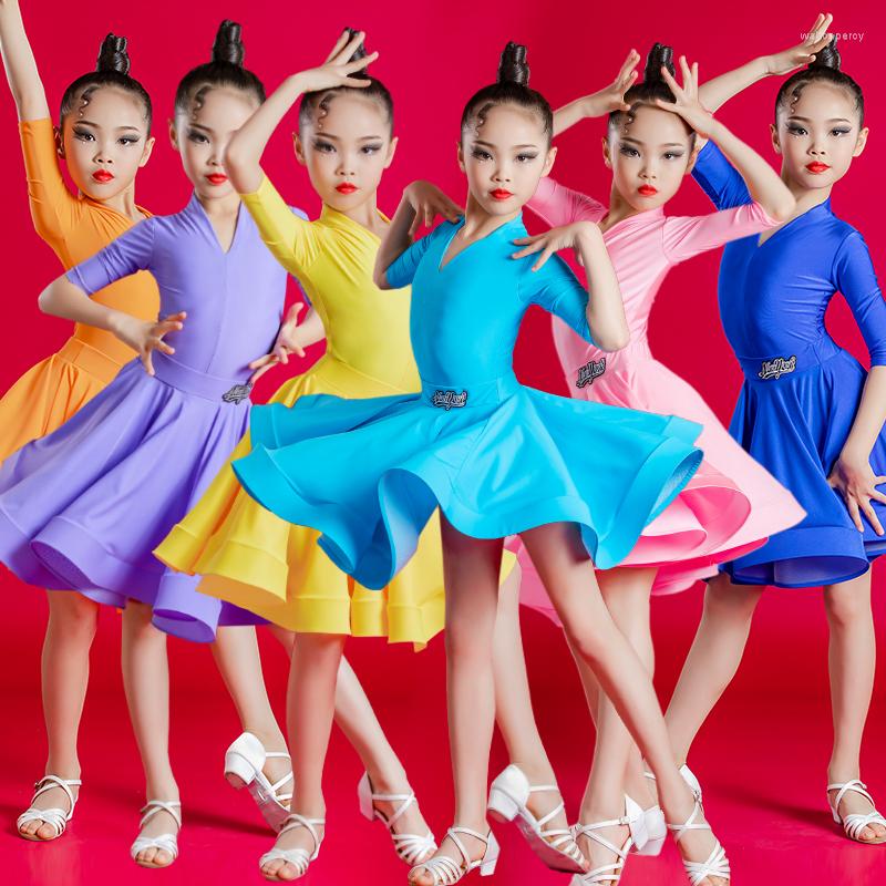 

Stage Wear 2023 Fall Long Sleeve Kids Latin Dance Tops And Skirt V-Neck Girl Dancing Cloth Ballroom Dancewear, Mid sleeve