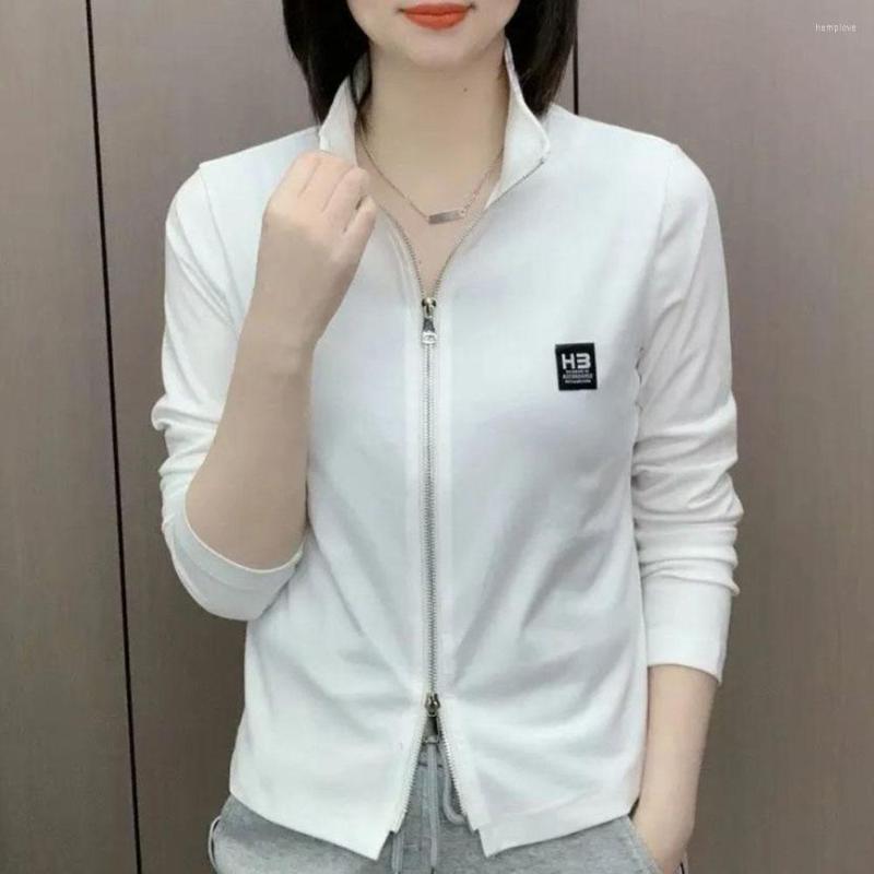 

Women's T Shirts Spring 2023 Short Shirt Cardigans Zipper Summer Thin Wild Korean Lady Slim Tees Women's Solid Casual Long Sleeve Tops, White