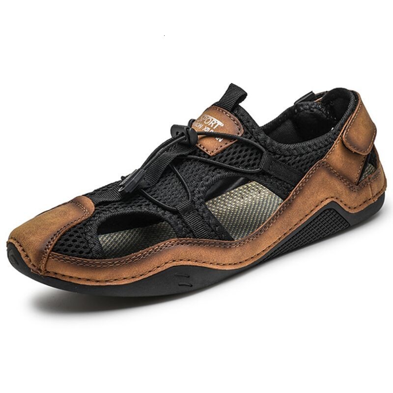 

Sandals Outdoor Summer Sandals Men Mesh Shoes Big Size -46 Hand Stitched Sandal Flat Male Sandalias Hollow Breathable Casual Shoes Men 230420, Black