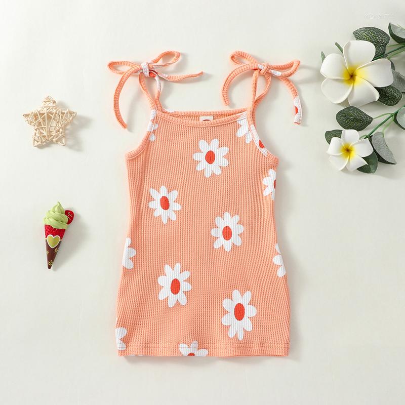 

Girl Dresses Born Baby Knitted Dress Summer Toddler Casual Sleeveless Tie Shoulder Floral Beach Children Clothes 0-5 Years, Pink