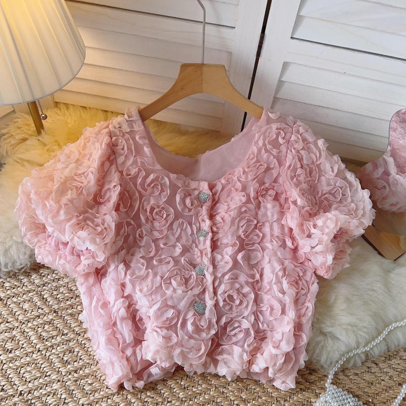 

Women's Blouses French Round Neck Short Puff Sleeve 3D Floral Shirt Women's Fashion Summer Thin Chiffon Blouse Tops Mujer K284, Beige