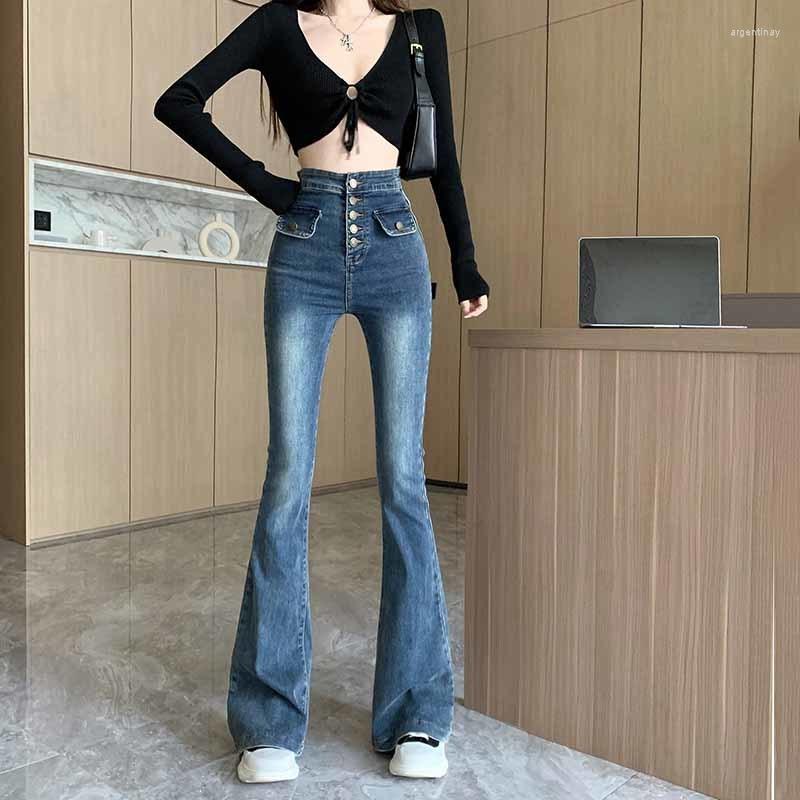 

Women' Jeans Super High Waist Flare Women' Elegant Vintage Button Skinny Denim Pants Streetwear Slim Korean Trousers, Blue
