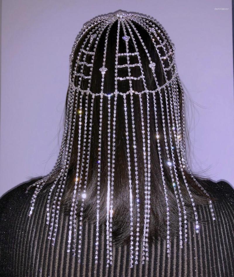 

Hair Clips Fringe Full Rhinestone Tassel Wig Head Chain Jewelry Headpiece Crystal Long Nightclub Cap Party Bridal Headdress 12pcs/lot