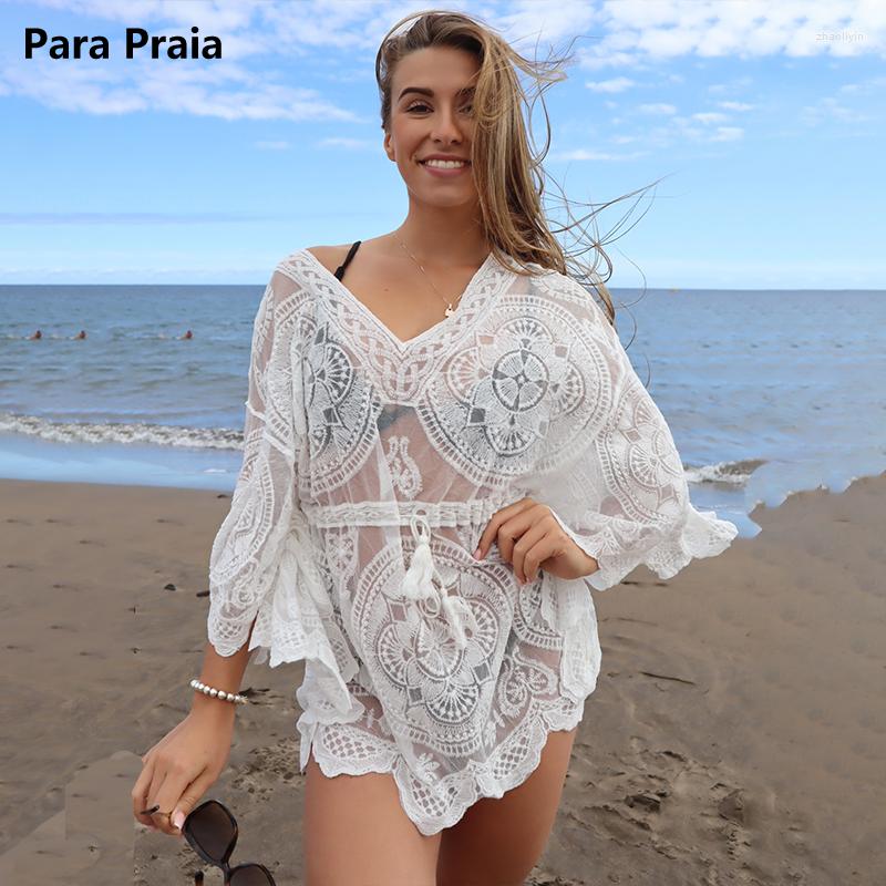 

Women's Swimwear Para Praia Summer Lace Bat Sleeve Shirts 2023 Beach Dress Drawstring Cover Ups Sexy Outfits For Women Beachwear, White