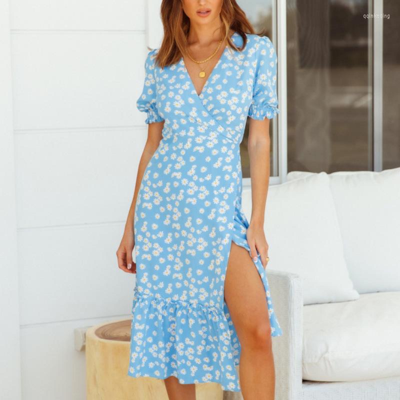 

Casual Dresses 2023 Ladies Summer Puff Sleeve Print Chiffon Dress Women Sweet Half V Neck High Waist Split Floral Long, Black