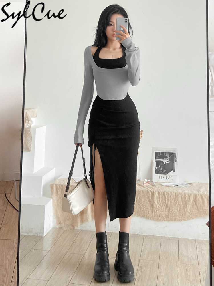 

Party Dresses Simple Casual Solid Color Thin Loose Top With Tight Sexy Mature Halter Long Dress Women' Knitted Two-piece Set 230322, Gray