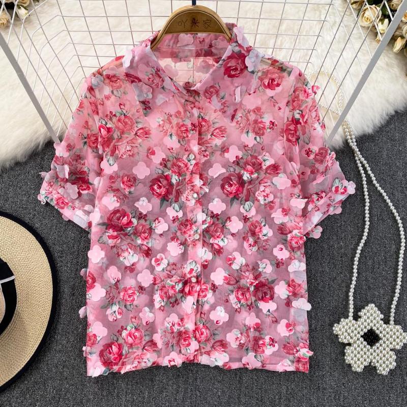 

Women's Blouses 2023 Summer Short Sleeve 3D Flower Rose Print Single Breasted Chiffon Shirt Loose Top, Green