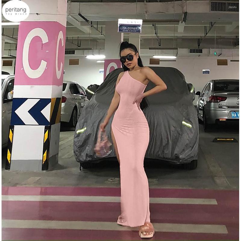 

Casual Dresses Vacation Snug Bodycon Vestidos Pink One Shoulder Split Summer Ribbed Dress Women Slim Fitness Sexy Maxi Clothes, Khaki