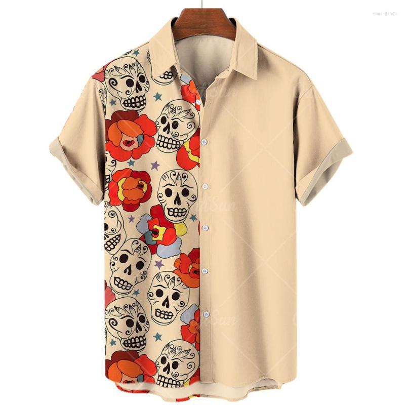 

Men's Dress Shirts Hawaiian For Men Skull Floral Print V Neck Short Sleeve Vintage Loose Oversized T Mens Clothing Camisa, Zl-3283