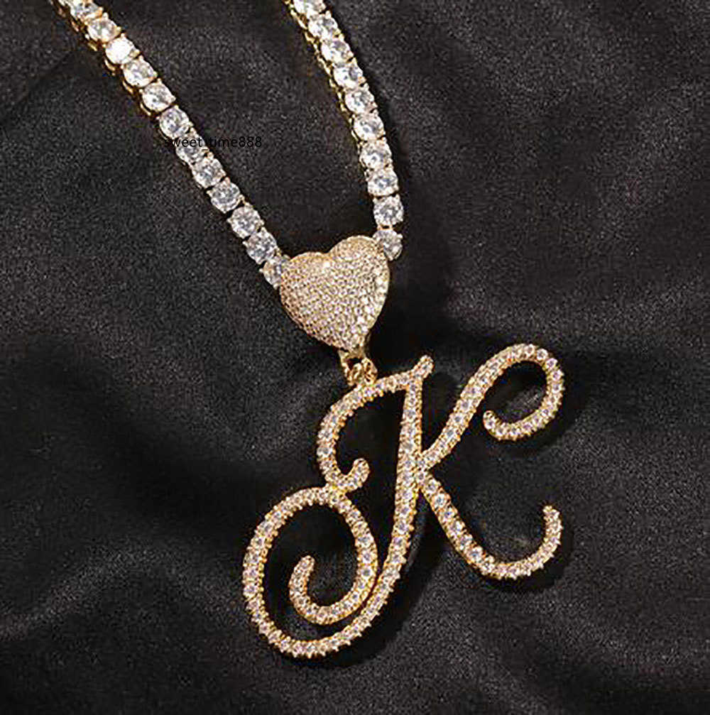 

Iced Out A-Z Cursive Writing Letters Pendant Necklace Love Heart Hoop Charm with 24inch Rope Necklaces Zirconia Hiphop Jewelry