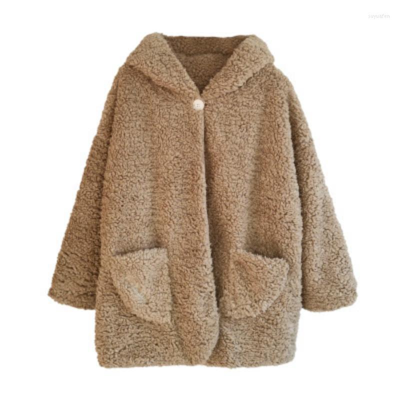 

Women's Jackets Winter Women Cozy Hooded Jacket Polar Fleece Soft Warm Lightweight Coat Female Thermal Bear Plush Fabric Comfort Outerwear, Coffee