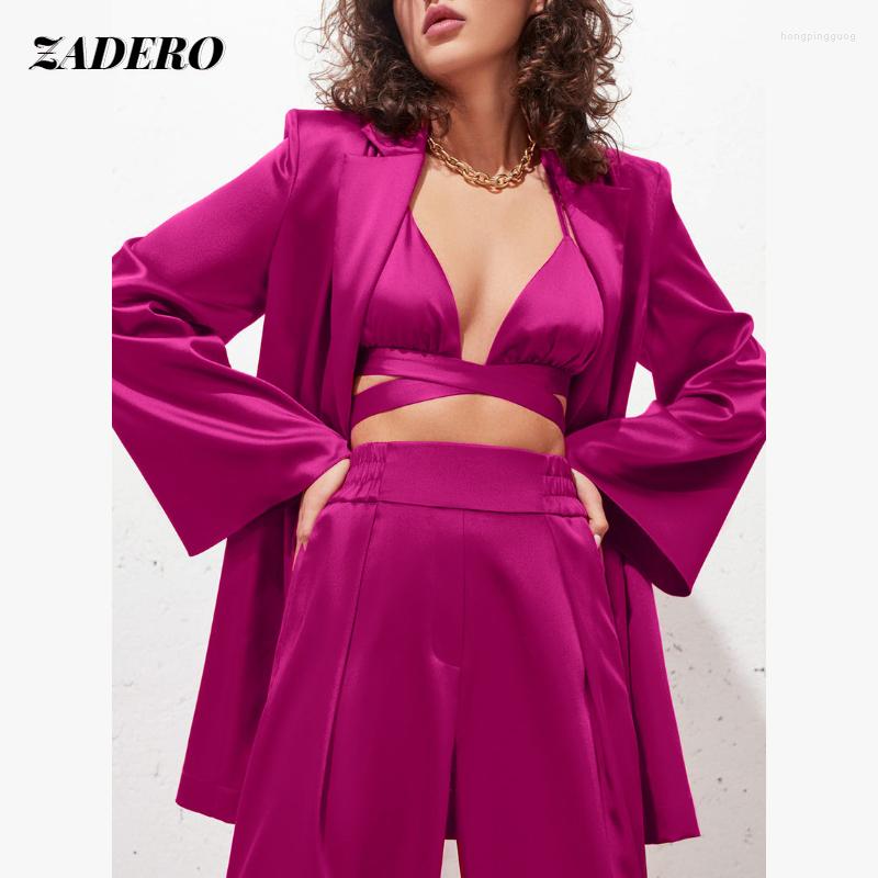 

Women' Two Piece Pants Casual Satin Suit Women 2023 Fashion Halter Vest Lace-up Skirt Trousers Drape Female Blazer Elegant Ladies Office, Red vest