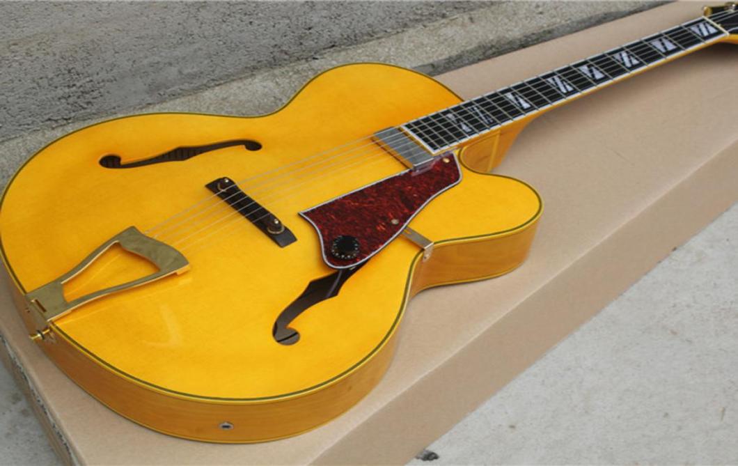 

L5 jazz hollowcore electric guitar tiger grain veneer yellow body two bread side fixed head back5715650