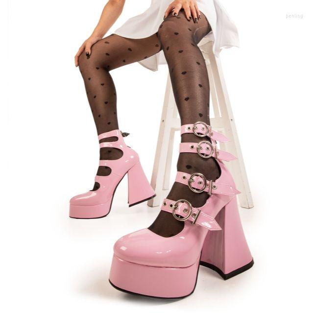 

Dress Shoes Women Platform Heels Chunky Mary Janes 2023 In Sweet Black Goth Block Pumps High Heeled Pink Y2k