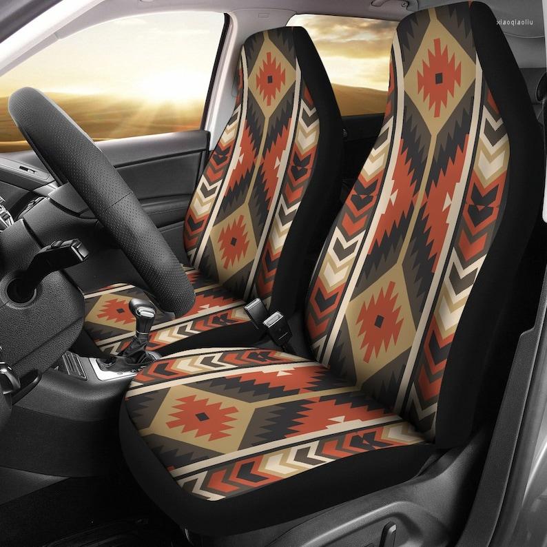 

Car Seat Covers Brown Beige Ethnic Aztec Boho Chic Bohemian Pattern Pair 2 Front Protector Accessori