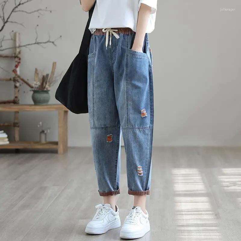 

Women' Jeans Retro Hole Women Summer Elastic High Waist Wild Large Size Loose Female Harlan Denim Ankle-Length Pants, Green