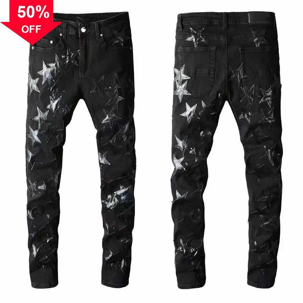 

Hip-hop Fashion Zipper Hole Wash Pants Retro Torn Fold Stitching Mens Design Motorcycle Riding Cool Slim Pant Sky Blue Jean for Women -40 s to 2xl size, No.1