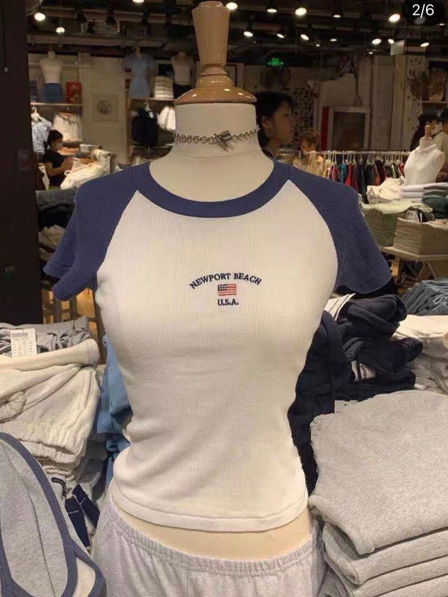 

Women s T Shirt Vintage Flag Embroidery T Shirt Streetwear O Neck Short Sleeve Patchwork Y2k Tops Woman Summer Casual Chic Slim Crop Top 230420, Navy blue