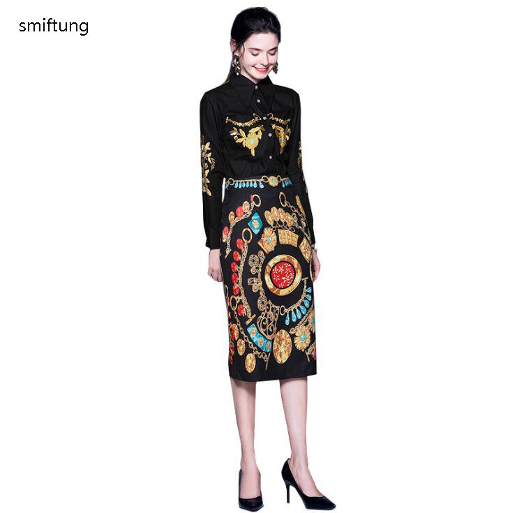 

Dress wholesale smiftung Spring and Autumn women's shirt and skirt suit / fashion black printing clothing