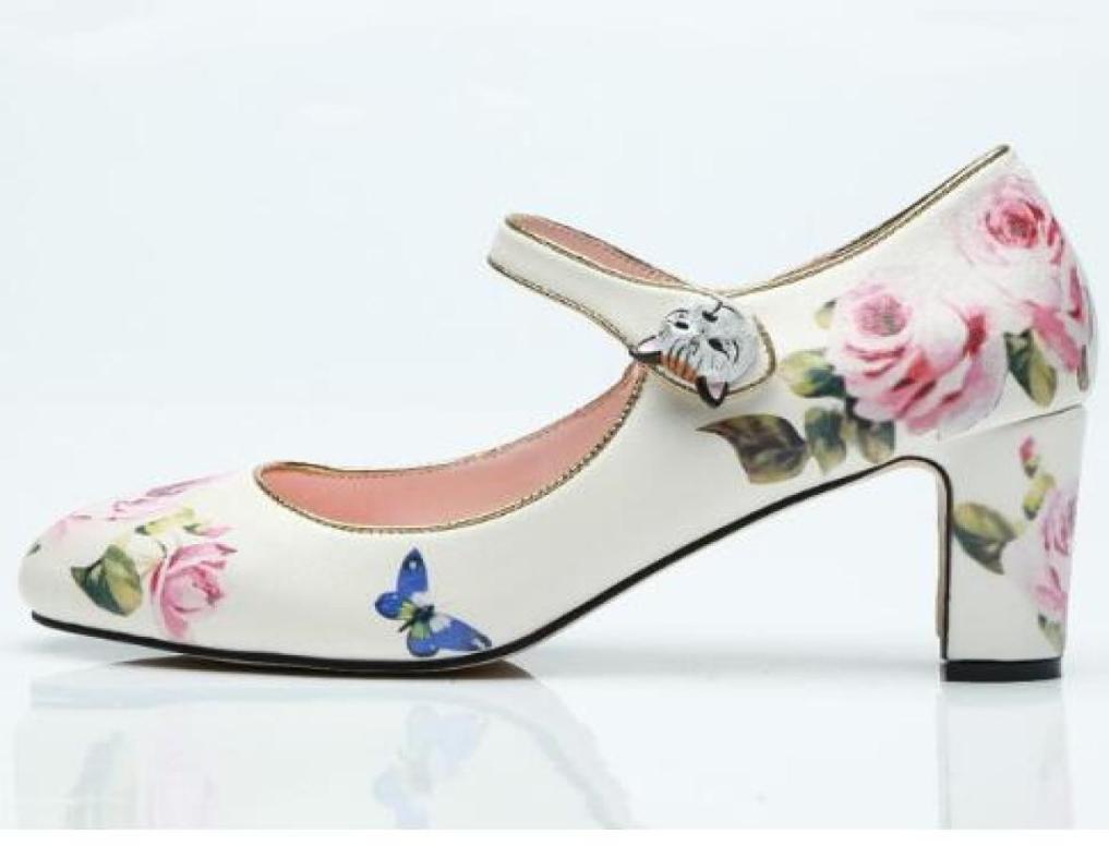 

Printing Leather Ankle Strap Women Pumps Retro Style High Heels Bridal Wedding Shoe Closed Toe Block Heels Women Shoes6209521, White