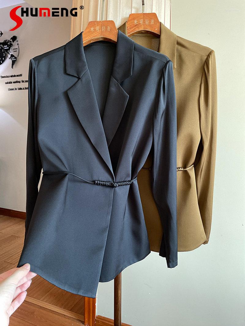 

Women' Suits Thick Silk Suit Shirt Ladies 2023 Early Autumn Business OL Collar Slim Waist Lace-up Mulberry Blouses For Woman, Black