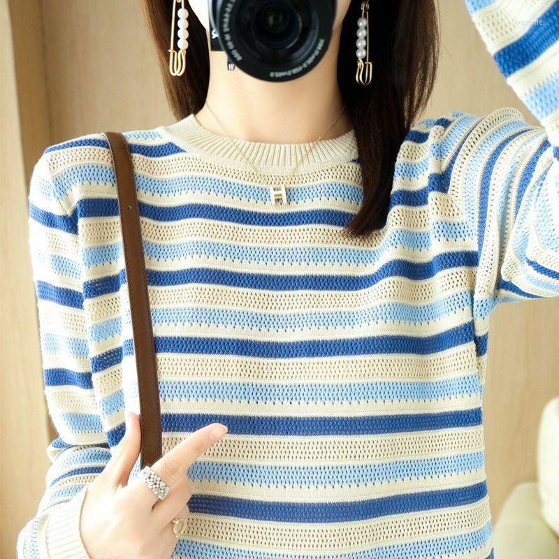 

Women' Sweaters Women Knitted Striped Print Sweater Female Casual Long Sleeve Pullover O-Neck Oversized Streetwear Warm G554, Blue