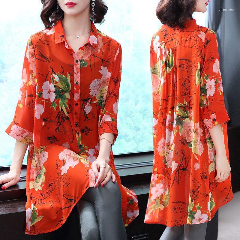 

Women's Blouses Spring Summer Women Mid Length Blouse Vintage Polo Floral Cardigan Chiffon Shirt Mom Sunscreen 3/4 Sleeve Red Black Top, A14