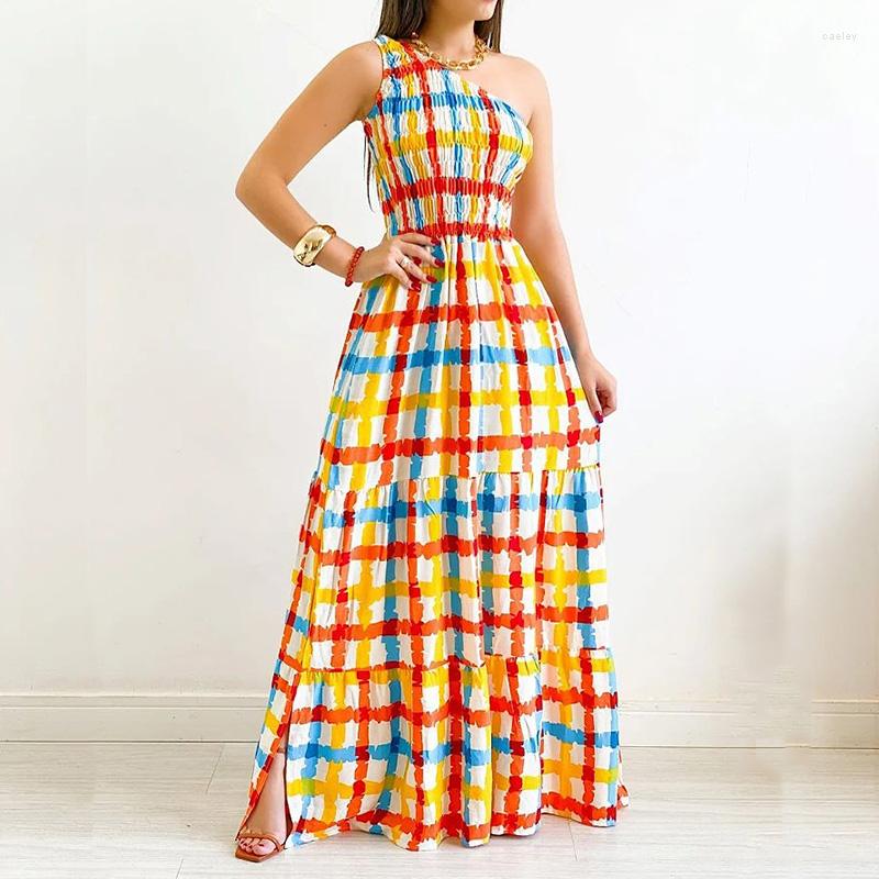 

Casual Dresses Sexy Split Beach Maxi Dress Bohemian Plaid Print Off Shoulder Summer Women Fashion Diagonal Neck Waist Pleated Long, 04 rose