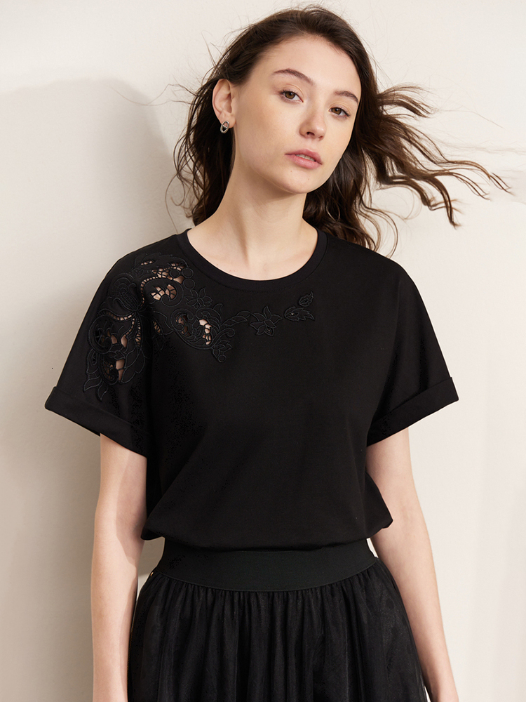 

Women's T-Shirt AMII Minimalism T-Shirts Women Summer Audal Cotton Short Sleeve O-Neck T Shirt Hollow Embroidery Tops Blouse 12332009 230419, Black