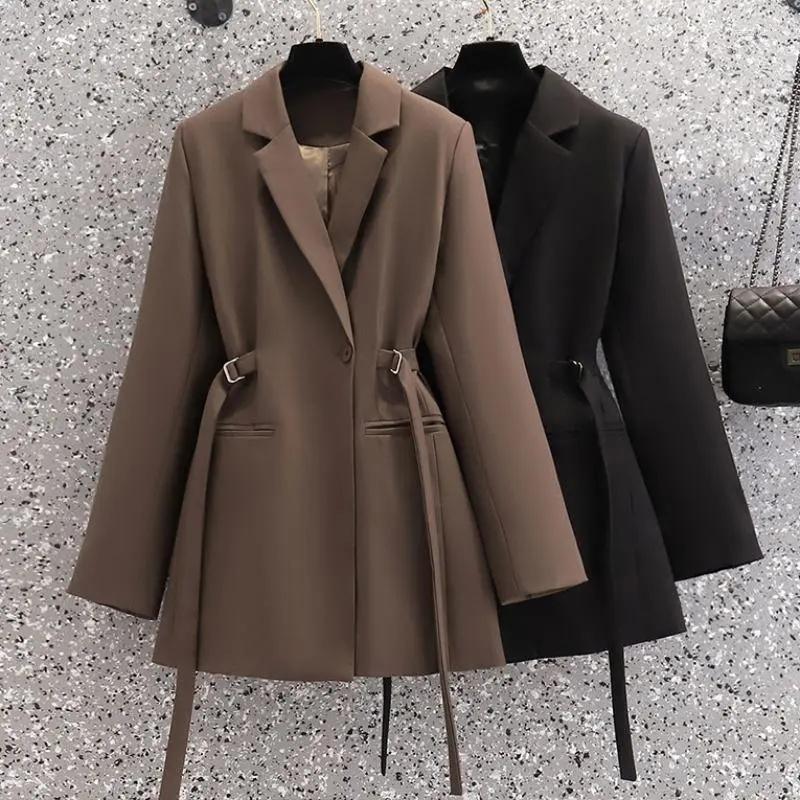 

Women' Suits Fashion Women Blazer Lapel Brown Pocket Long Sleeve Loose Jacket Spring Autumn Designed Office Coat Female