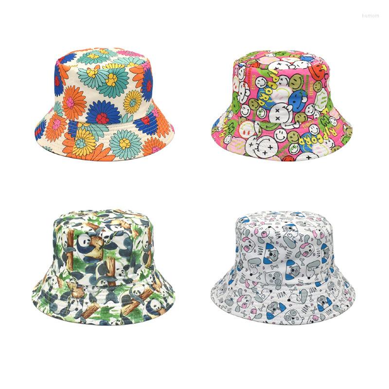 

Berets Unisex Cotton Bucket Hat Men Women Cartoon Double-Sided Sun Cap Summer Panama Fashion Fold Fishing Fisherman Hats
