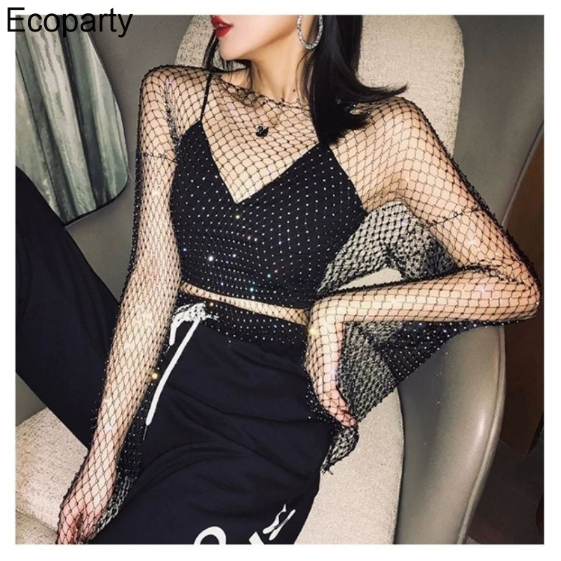 

Women's T-Shirt Sexy Crystal Diamond See Through Crystal Diamond See Through Crop Tops Summer Black And White Hollow Shiny Beach Suit Tops Fashion Party Clubwear, No bra